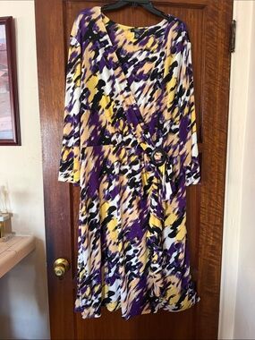 NWOT 
Alfani Purple, Yellow, Black & White Abstract Wrap Dress